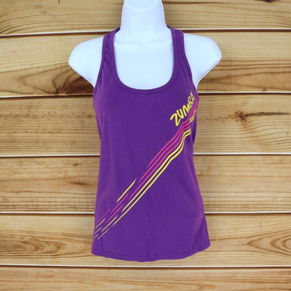 Zumba Wear Athletic Tank Top Womens Size M Purple Stripes Scoop Neck Racerback